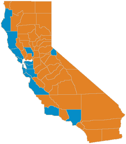 Counties in California that voted against(orange) and for(blue) proposition 62.