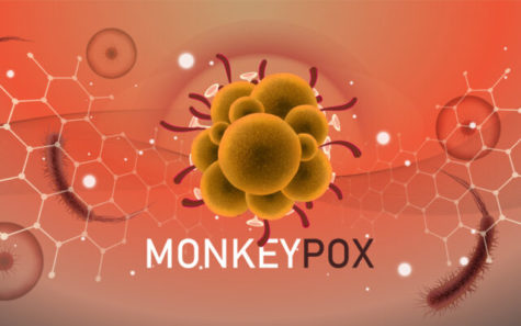 Monkeypox virus banner for awareness and alert against disease spread, symptoms or precautions. Monkey Pox virus outbreak pandemic design with  microscopic view background.