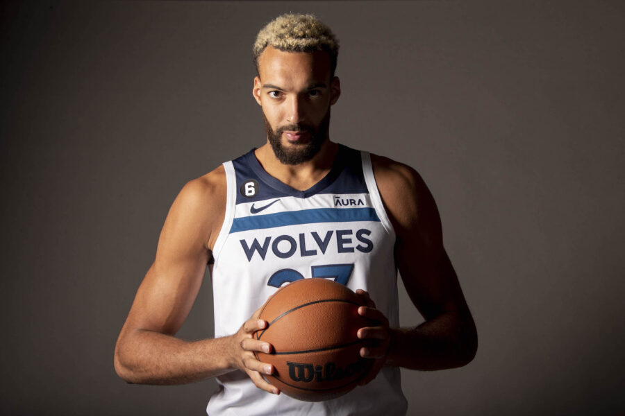 Sep 26, 2022; Minneapolis, MN, USA; Minnesota Timberwolves center Rudy Gobert (27) poses for photographs on  2022-23 NBA season media day for the team. Mandatory Credit: Bruce Kluckhohn-USA TODAY Sports